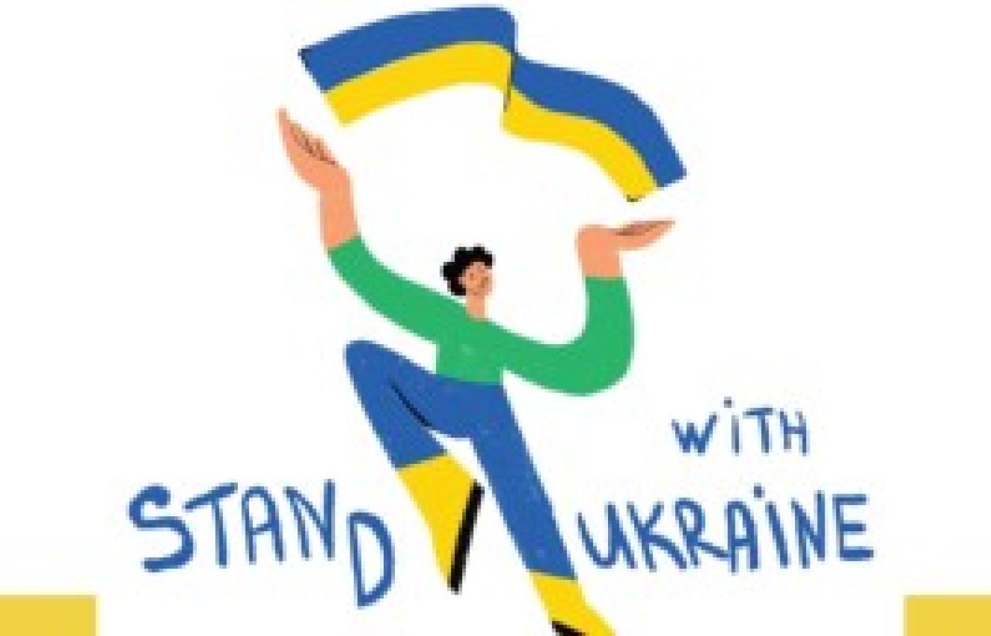 A drawing of a person wearing blue and yellow with a Ukrainian Flag banner